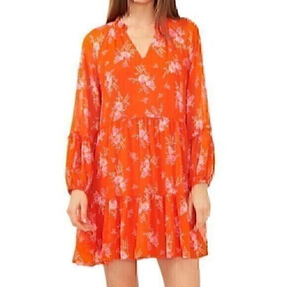 Vince Camuto Dresses & Skirts - VINCE CAMUTO Floral Print Long Sleeve Split V-Neck Tiered Shift Dress Orange XS